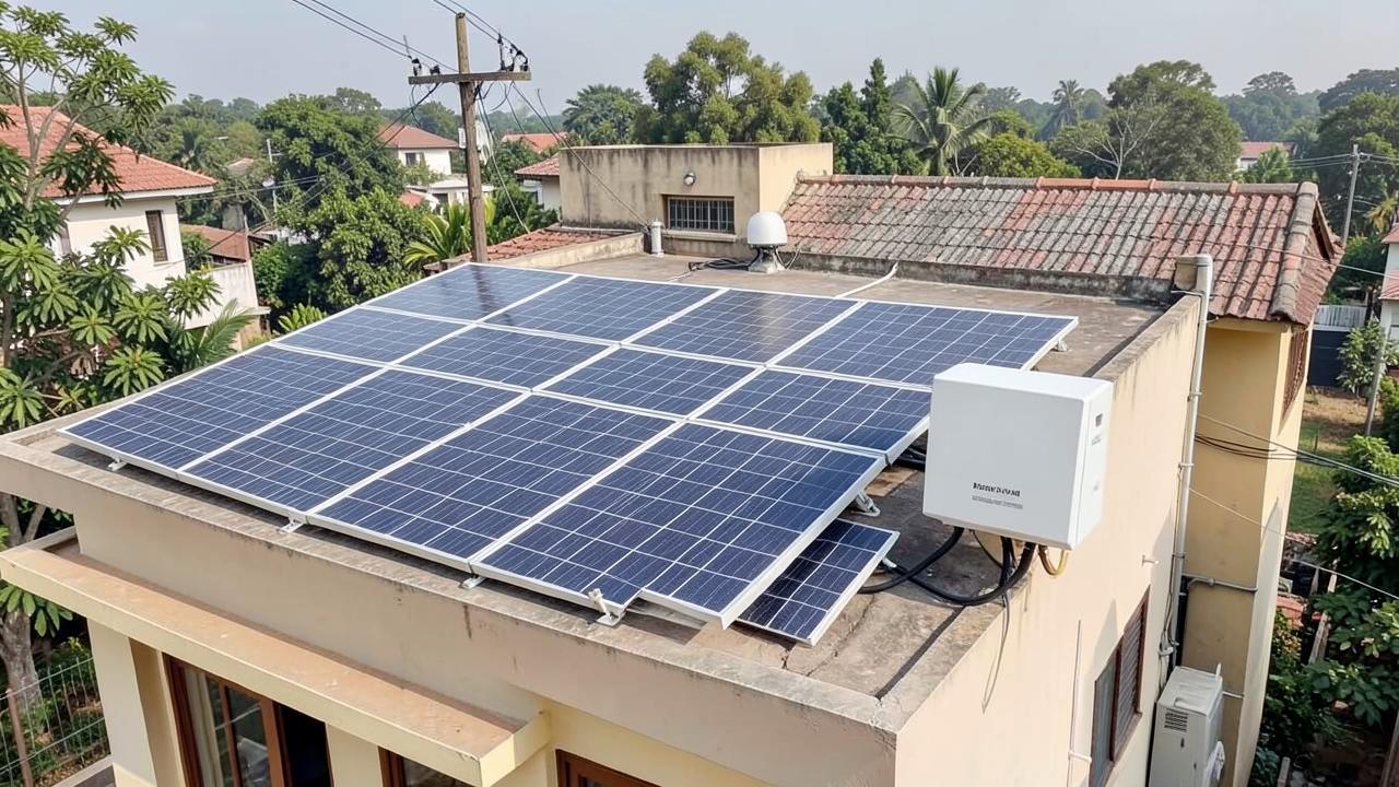 Hybrid solar system with rooftop panels, lithium battery and hybrid inverter at an Indian home