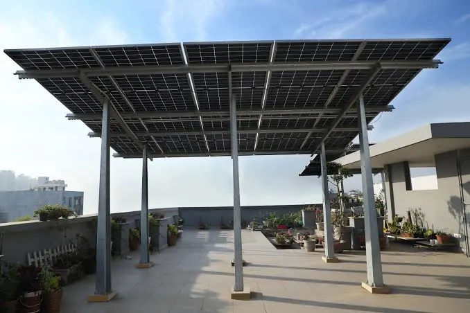 Compact solar panel installation on a home terrace