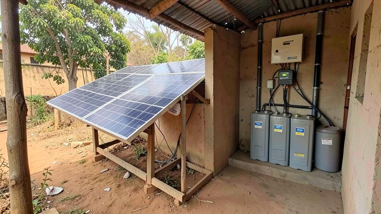 Off grid solar system with battery bank and charge controller powering a rural Indian home