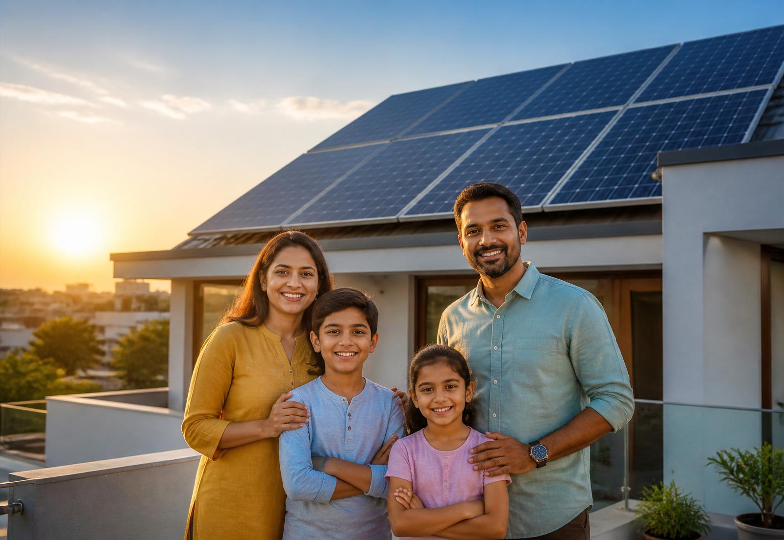 Indian family in front of rooftop solar installation on their modern home