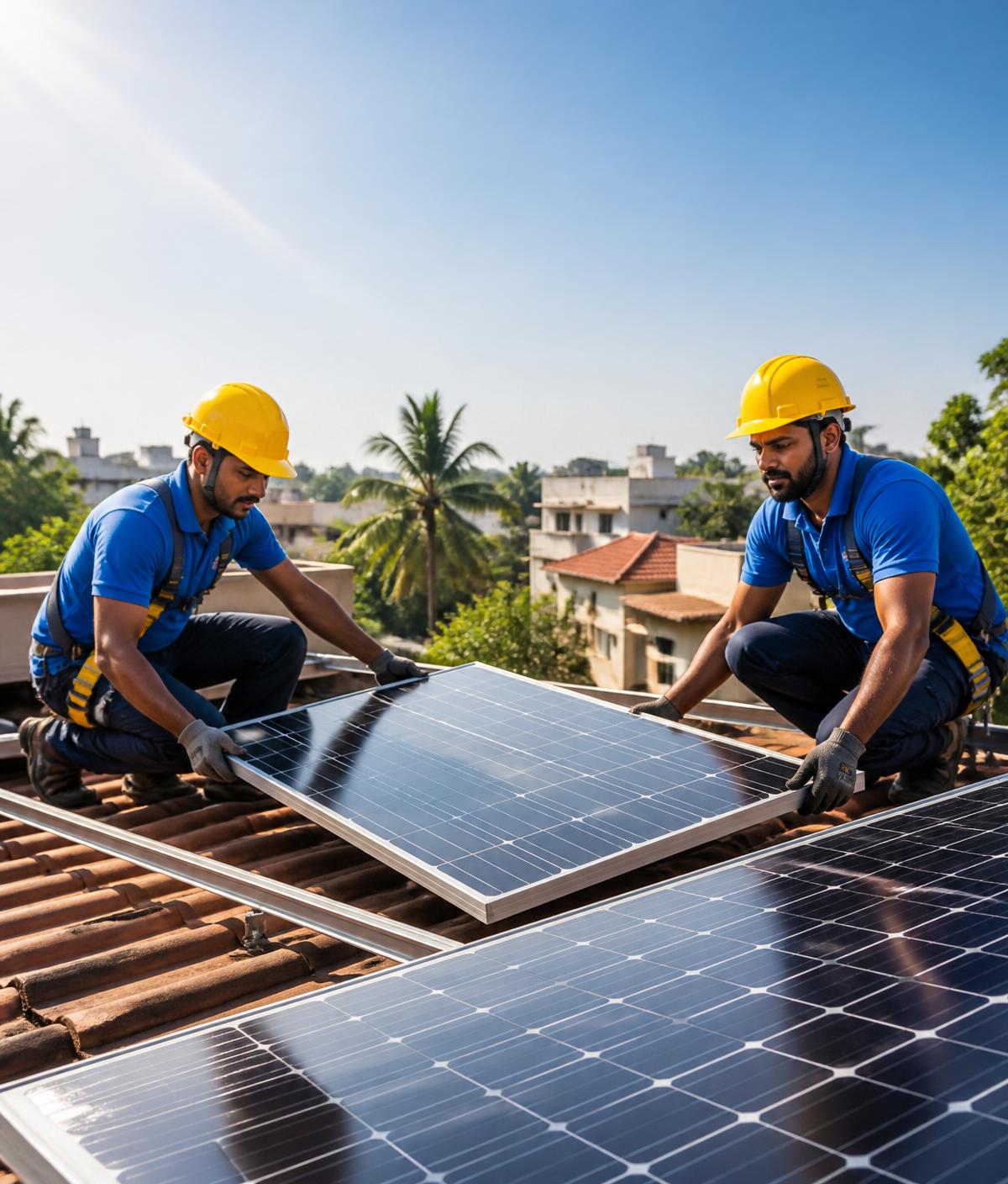 Indian solar technicians installing rooftop solar panels
